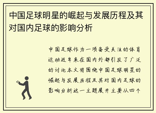 中国足球明星的崛起与发展历程及其对国内足球的影响分析